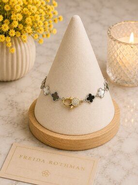 Freida Rothman Two-Tone Clover Bracelet w/ Pave Clasp Brass Base $129 MSRP